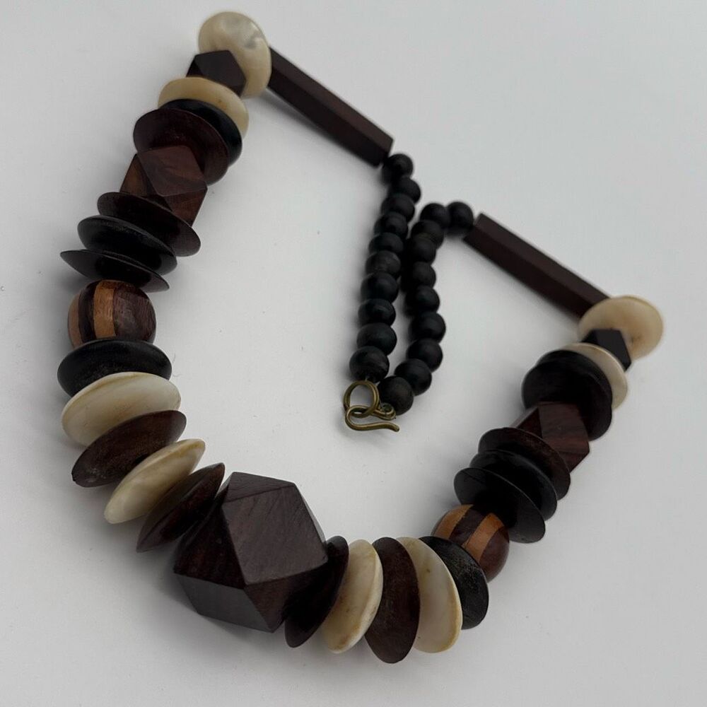 Vintage 26” Artisan Wood Horn Shell Necklace Geometric Bead Natural Materials St